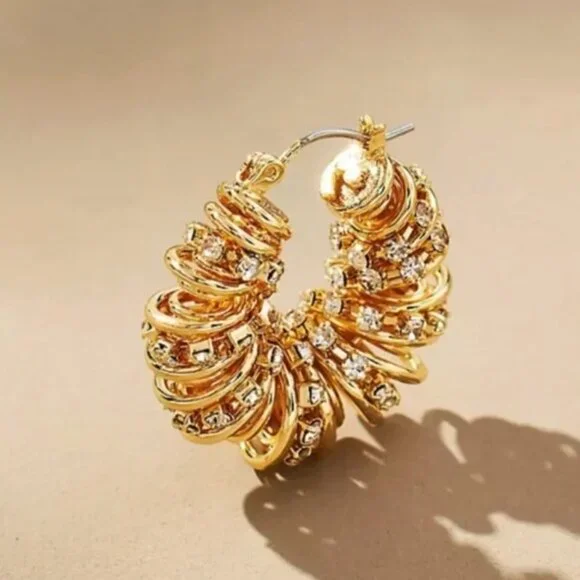 New! Anthropologie Gold Crystal Wire Hoop Earrings - Picture 2 of 3